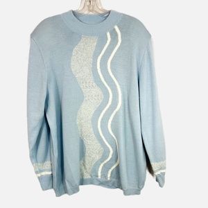 Vintage Light Blue & White Striped Shoulder Pads Crewneck Pullover Sweater - XL